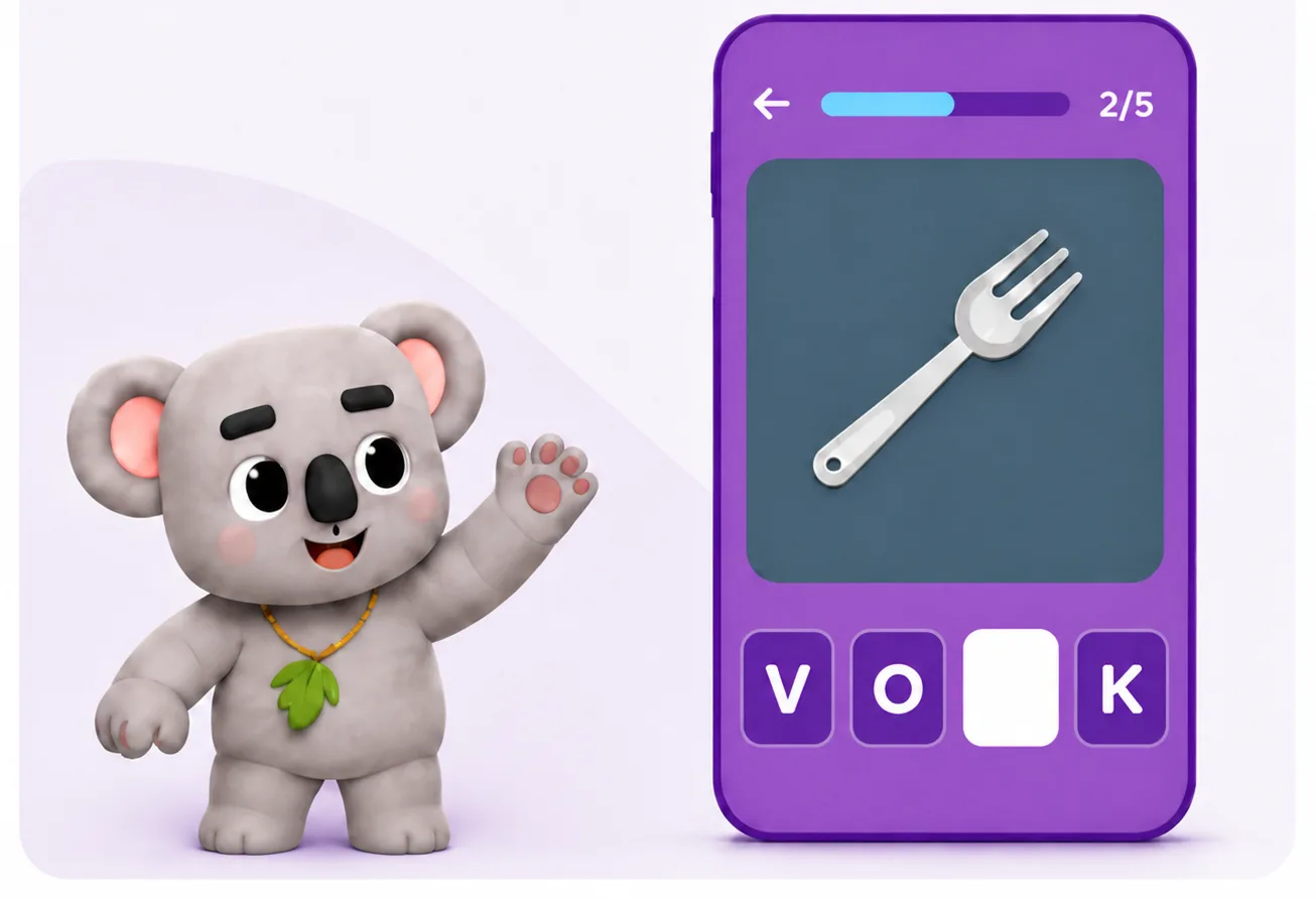 Koala-mascotte naast een spelletjesscherm met letters