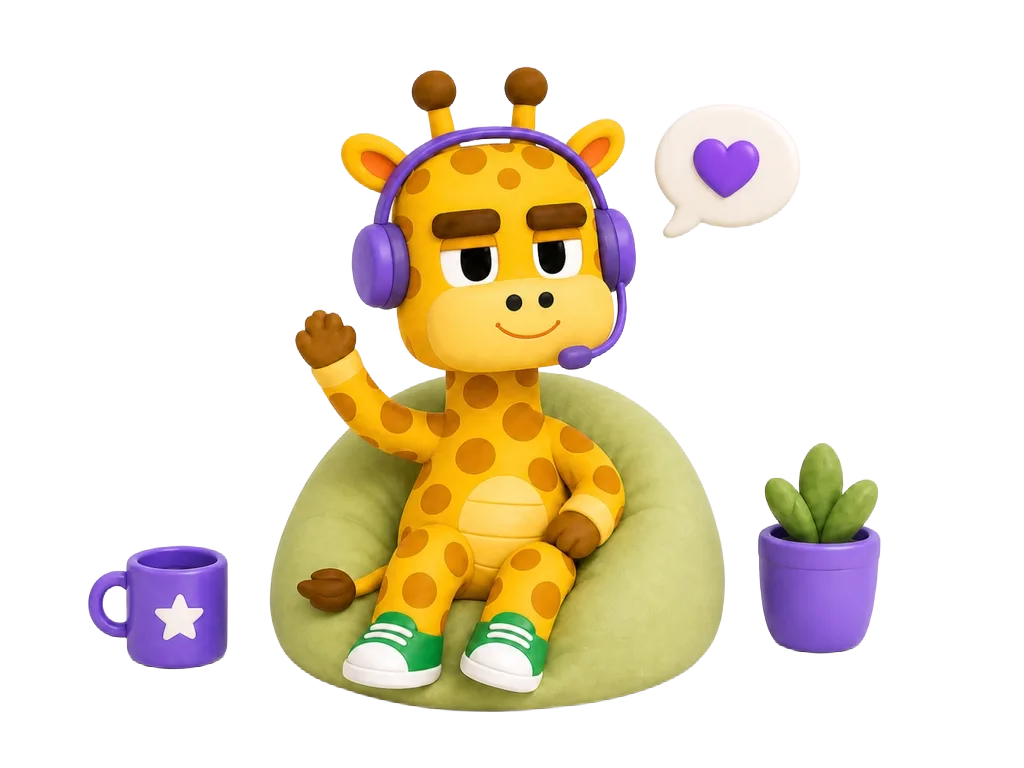 LogiLand giraffe met headset zwaait vanuit een zitzak